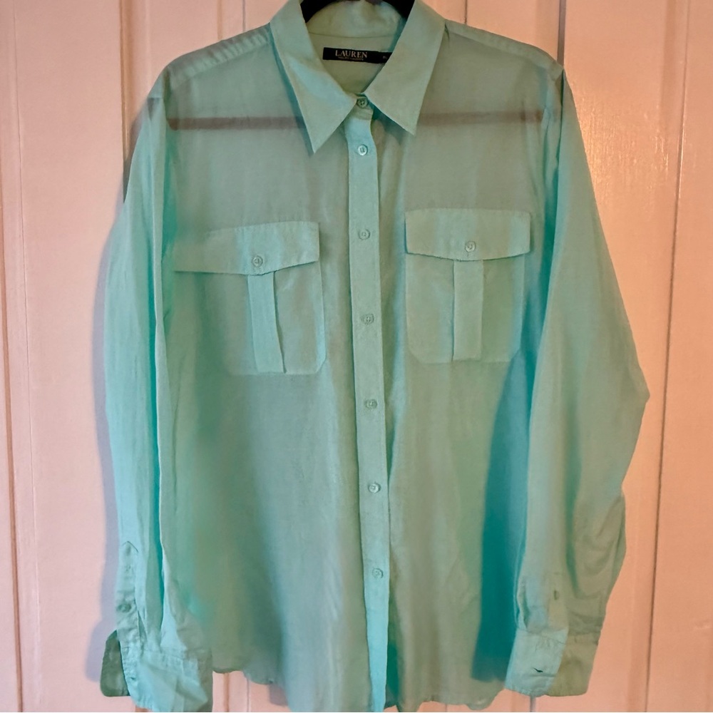 Lauren Ralph Lauren Silk Blend Aqua Button Down Utility Blouse - XL